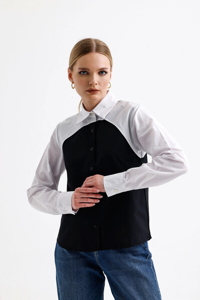 bacc Women's Black Block Garnished Special Design Poplin Woven Shirt