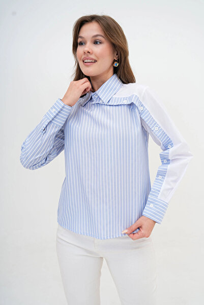 bacc Kadın Bebe Mavi Özel Tasarım Çizgili Poplin Dokuma Gömlek Bc24yg1069