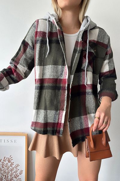 bacc Cămașă de damă oversize Stamp kaki cu model în carouri - Bcpk cu glugă- 236004
