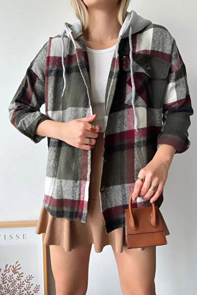 bacc Γυναικείο πουκάμισο με καρό χακί υπερμεγέθη κασμίρ - Hooded Bcpk-236004