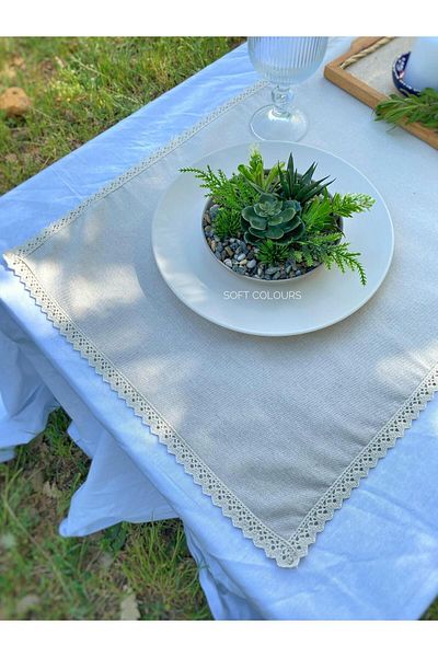 Soft Colours Authentic Linen Runner with Vintage Cotton Lace - 100% Cotton, 40X140 cm