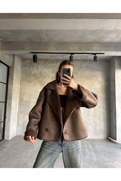 Ekim Store Καφέ κουμπιά βελούδινο εσωτερικό πλαστικοποιημένο παλτό