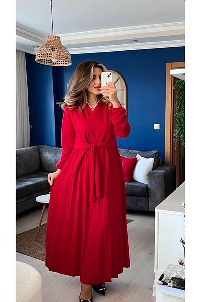 Moka Shopin Mokashopin Women's Long Sleeve Double Breasted Neckline Waist Belted Pleated Imported Crepe Dress