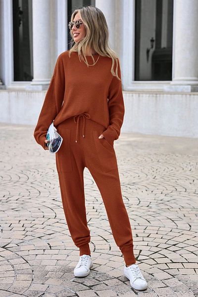 bacc Tile Colored Women's Knitwear Set - Comfortable Fit, Crew Neck, Double Pocket Bottom/High Bc24Yg157Stn