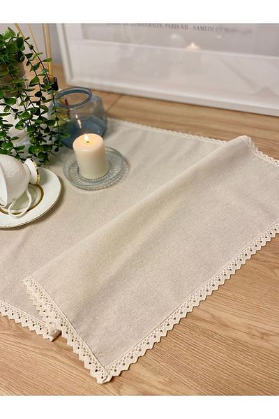 Soft Colours Authentic Linen Runner with Vintage Cotton Lace - 100% Cotton, 40X140 cm