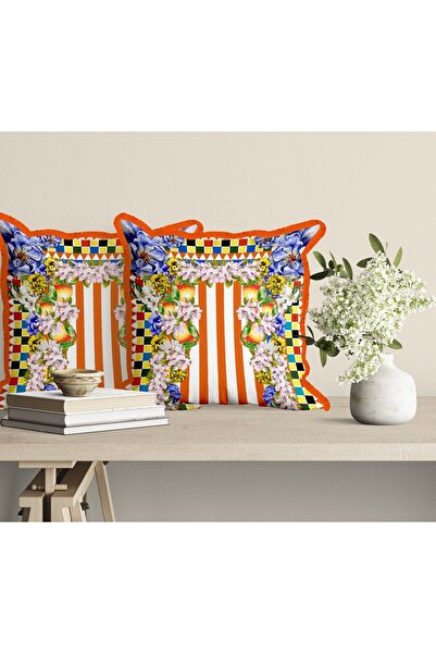 Dosh Cushion - TOSKANA - Çift Taraf Baskılı Kırlent Kılıfı - 40 X 40 Cm -  3 CM SAÇAKLI / PÜSKÜLLÜ