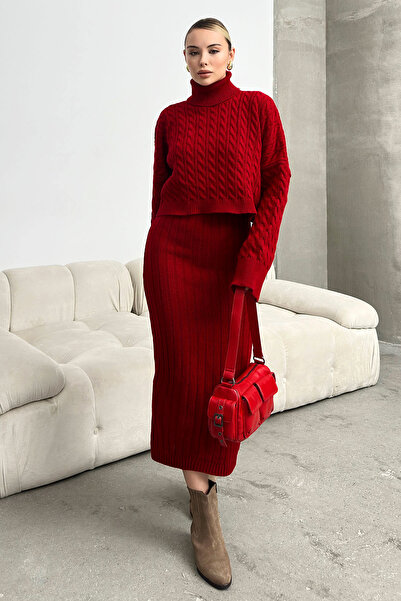 bacc Claret Red kötött motívum Crop pulóver és kötöttáru ruha szett - magas Bc231004