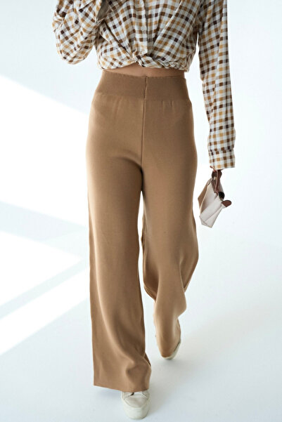 LOOSH Kadın Camel Yüksek Bel Lastik Detaylı Geniş Paça Triko Pantolon