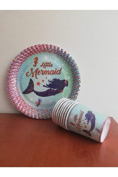 Cadde Süs Mermaid Themed Set of 8 Paper Plates and Glasses