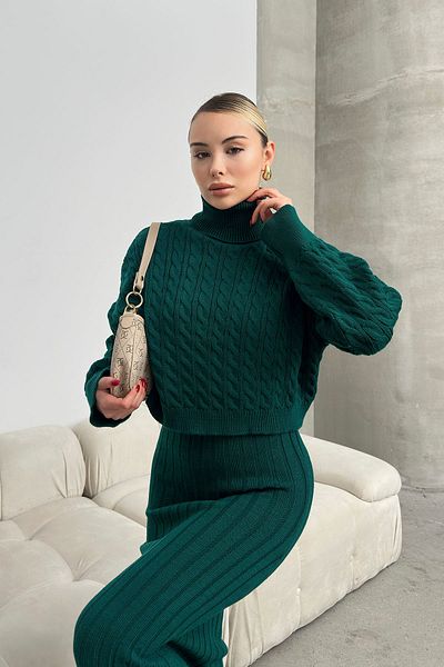 bacc Khaki Colored Turtleneck Knitted Motif Crop Sweater and Knitwear Dress Set - BC231004