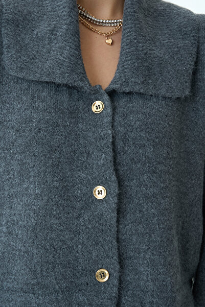 LOOSH Kadın Gri Gömlek Yaka Düğmeli Kazak - Mini Etek 2'li Triko Takım