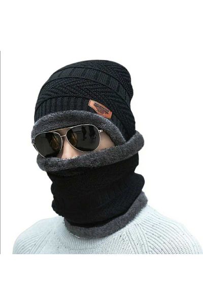 SOSYETEZGAHI Men's Beanie Scarf Set Warm Knit Hat Neck Warmer Thick Fleece Lined Winter Cap Set