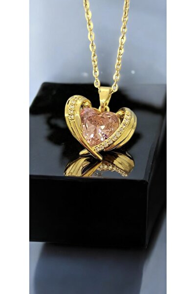 SOSYETEZGAHI Women's Pink Stone Heart Model Gold Color Steel Necklace