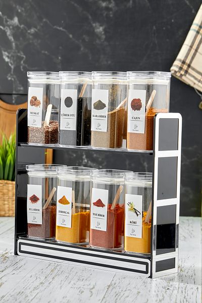 FBZhome Spice Rack with Label and Stand Set of 8 300 ml Acrylic Storage Containers (with Spoon Gift)