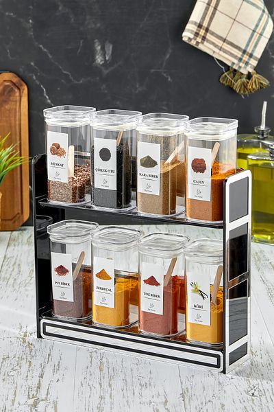 FBZhome Spice Rack with Label and Stand Set of 8 300 ml Acrylic Storage Containers (with Spoon Gift)