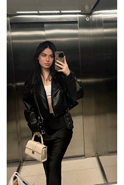 Ekim Store Oversize Siyah Kemerli Boyfriend Crop Deri Ceket