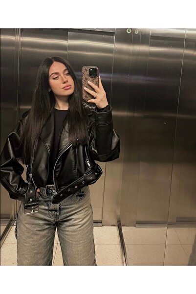 Ekim Store Oversize Siyah Kemerli Boyfriend Crop Deri Ceket
