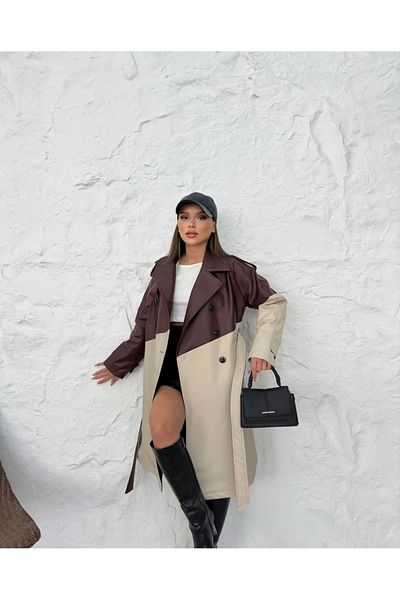 Ekim Store Trench din piele lungă, căptușită cu curea cu nasturi duble