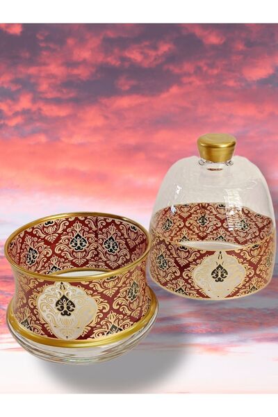 SAMSA Altın Bordo Desenli Model 1 Adet Şekerlik,lokumluk Set. Metal Kaşık Hed...