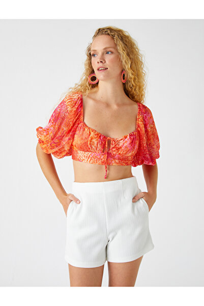 Koton Şahika Ercümen - Balloon Sleeve Crop Blouse with Tie Detail