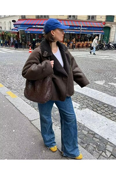 Ekim Store Palton maro din piele de pluș cu nasturi