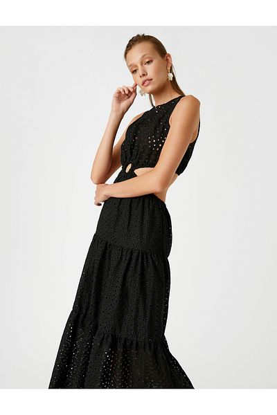 Koton Window Detailed Embroidery Long Black Dress