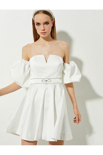 Koton Bridal Mini Evening Dress Off Shoulder Stone Detailed