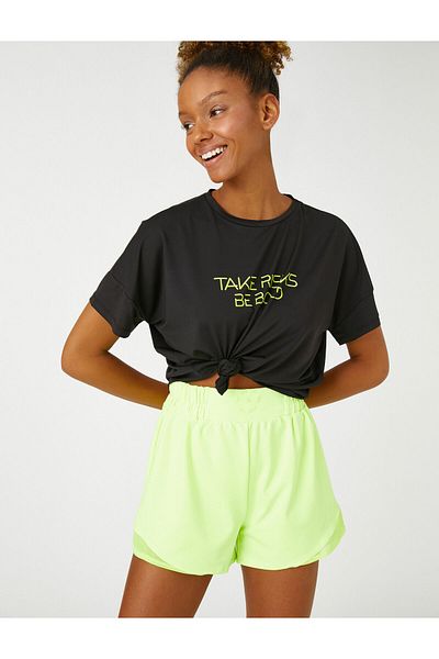 Koton Crop Sports T-Shirt Slogan Printed Short Sleeve
