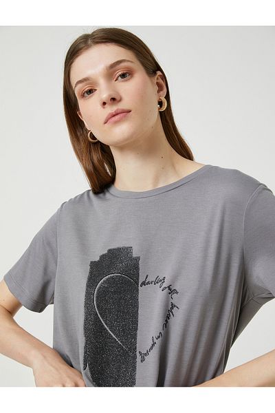 Koton Relax Fit Short Sleeve Glitter T-Shirt - Printed