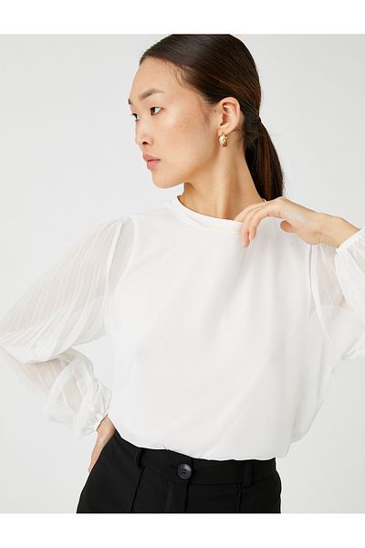 Koton Chiffon-Blusenärmel, Falten, detaillierter Rundhalsausschnitt