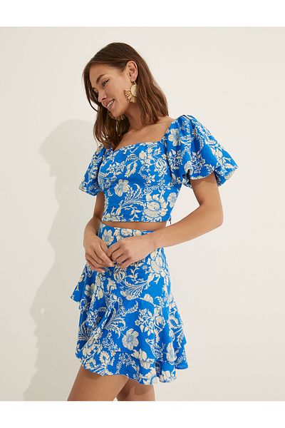 Koton Melis Ağazat X – Crop-Bluse aus Leinenmischung mit Volantärmeln