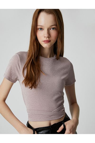 Koton Crop T-Shirt, Rundhalsausschnitt, kurze Ärmel, Glitzer, Taillenband