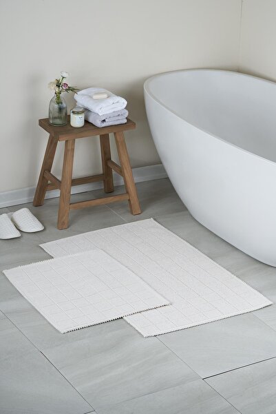 Bluenity Basic Grid Doğal Pamuklu 2'li Banyo Paspası 60x100 50x60 Cm - Ekru