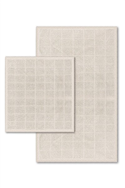Bluenity Basic Grid Doğal Pamuklu 2'li Banyo Paspası 60x100 50x60 Cm - Ekru