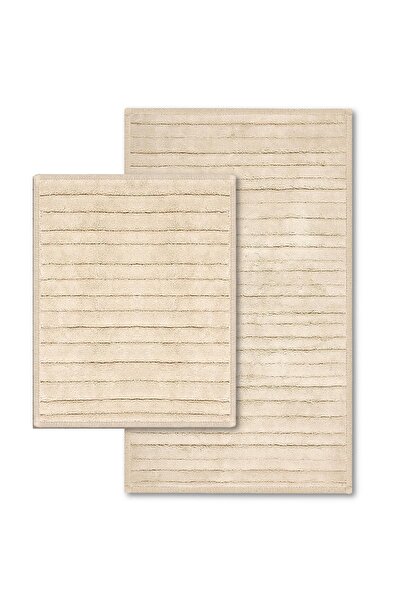 Bluenity Lines Beige Bath Rugs Set - 2 Pcs, 60X100 Cm, 50X60 cm Natural Cotton