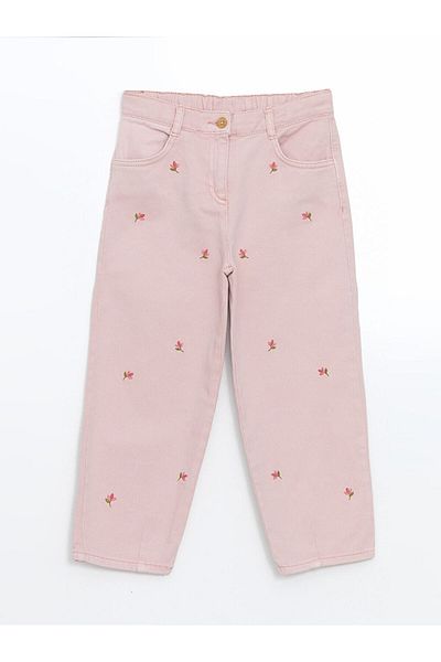 LC Waikiki Lcw Kids Pink Embroidered Girl's Pants with Adjustable Waist