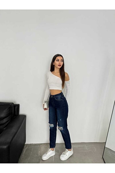 SHEVEGA NŐI NAVY KÉSZ DUPLA TÉRD LÉZER SZAKÍTÁS MAGAS BOYFRIEND MOM JEANS NADRÁG