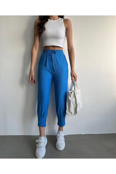 ESCBUTİK Pantaloni de trening pentru femei din țesătură șifonată cu șnur cu talie albastră
