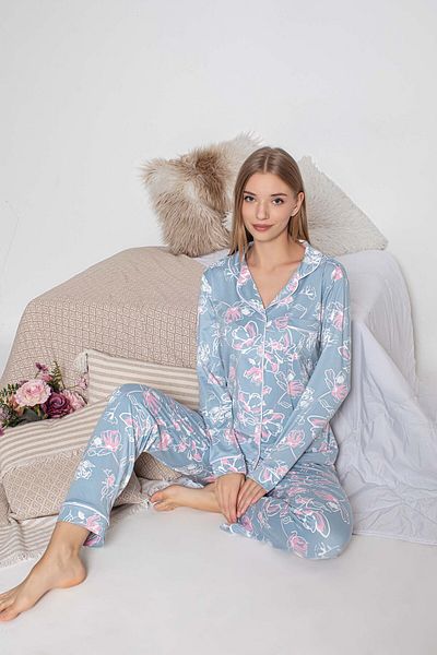 GUAVA+ GULER SANDY, BUTON FATA, CULOARE ALBASTRU, FLORE, SET DE Pijamale FEMEIE CU MANECĂ LUNGĂ