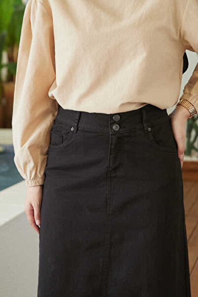 Neways 2252-Denim Eteği Püsküllü Etek Siyah