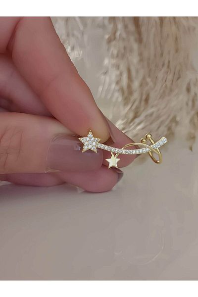 Eva Takı Store Star Model Zircon Stone Model Gold Colored Cartilage Compression Earring Earcuff