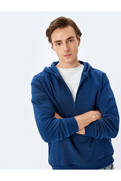 Koton Hooded Cotton Blended Raster Basic Half Zipper Sweatshirt