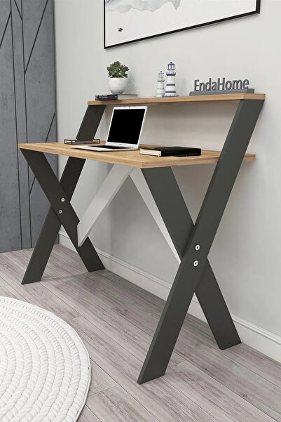 Reyo Home Enda X Ayaklı Raflı Ders Çalışma Masası 50x90 cm Antrasit - Çam