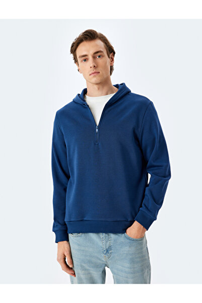 Koton Hooded Cotton Blended Raster Basic Half Zipper Sweatshirt