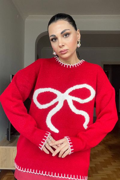 Seda Yalçın Atelier Pulover roșu din tricot cu fundă în față