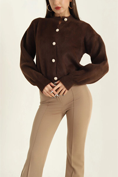 Piedra Pearl Button Women's Crew Neck Balloon Sleeve Bearded Soft Cardigan