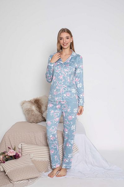GUAVA+ GULER SANDY, BUTON FATA, CULOARE ALBASTRU, FLORE, SET DE Pijamale FEMEIE CU MANECĂ LUNGĂ