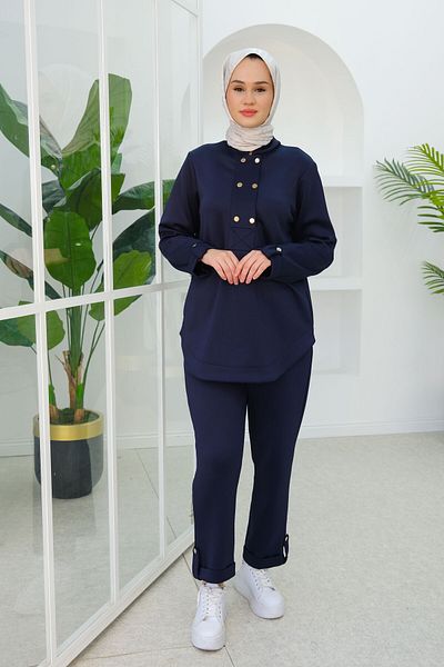 LOCCO Дамски костюм от две части с копчета, овален крой, тъмносин