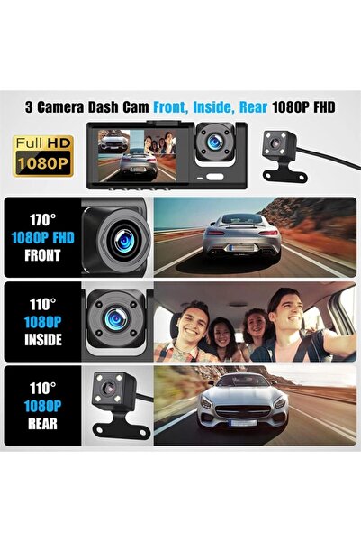 TECHNOM 1080P 3 Adet WİFİ Ön Arka iç Geniş Açılı Sürüş Kaydedici 2İnç Ekranlı Gece Görüşlü DVR Araç Kamerası