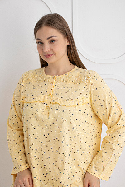 SEBOTEKS %100 Pamuklu Mevsimlik Kumaş Uzun Kol Büyük Beden Anne Geceliği 1525